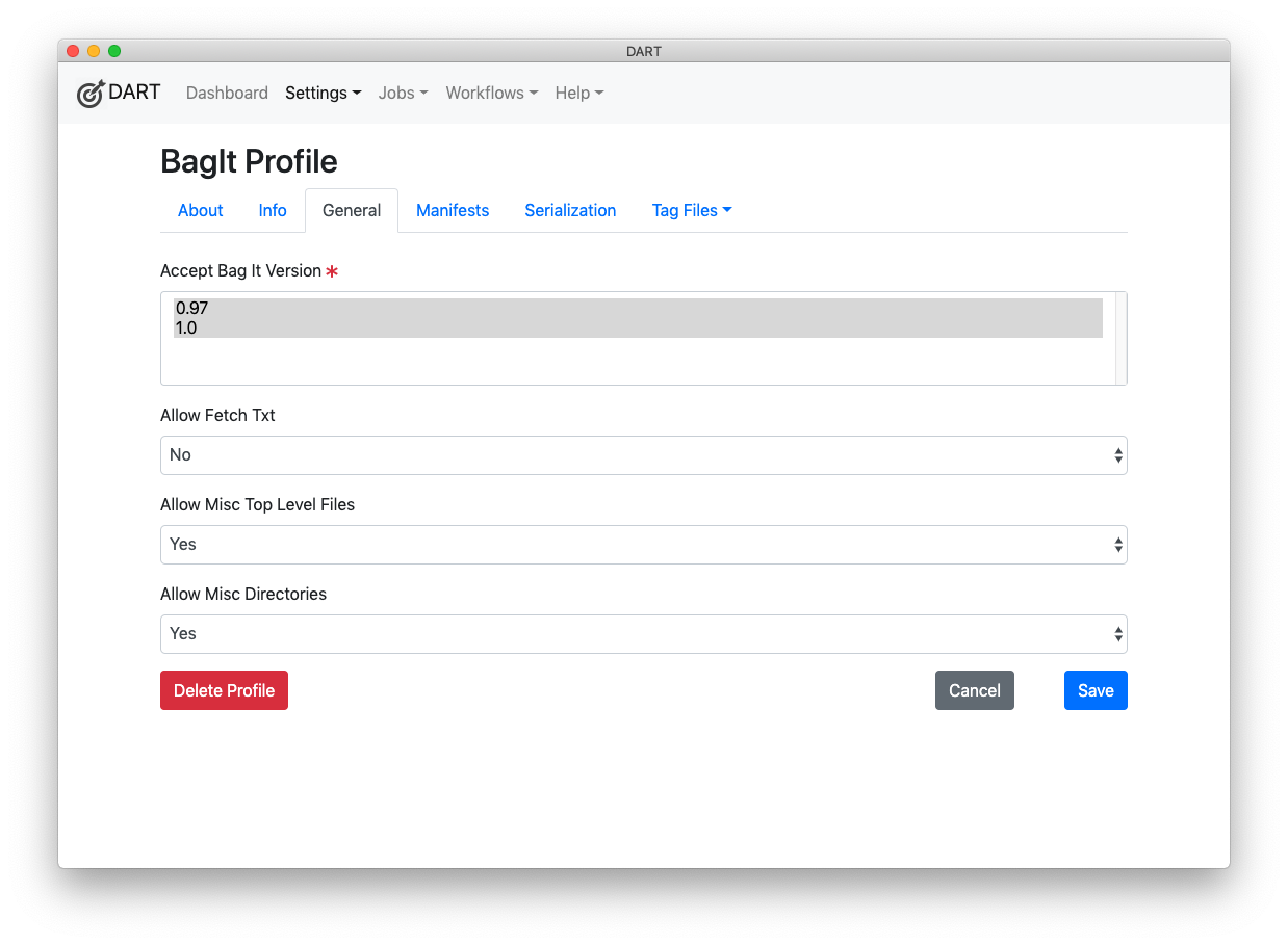 BagIt Profile General tab