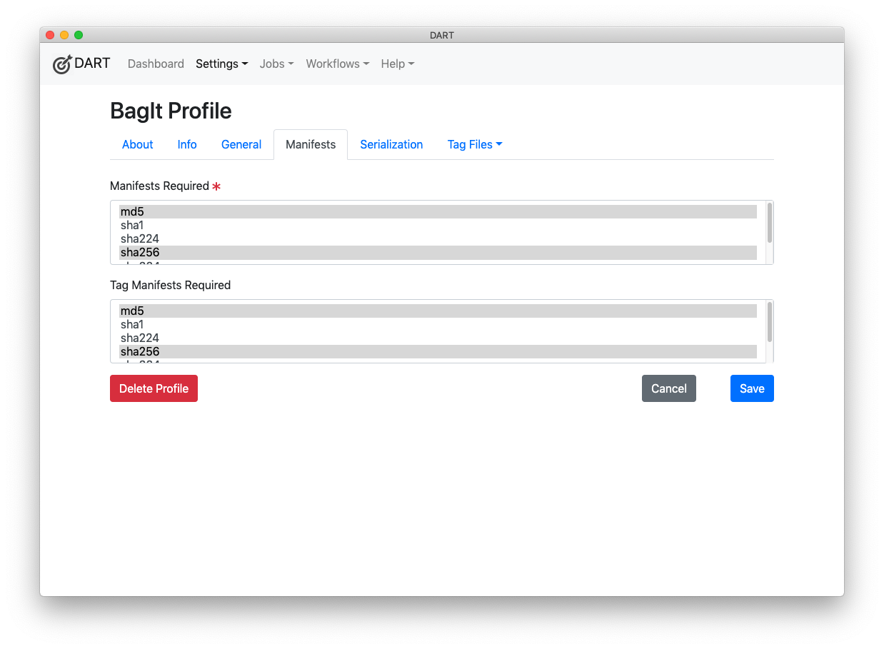 BagIt Profile Manifests tab