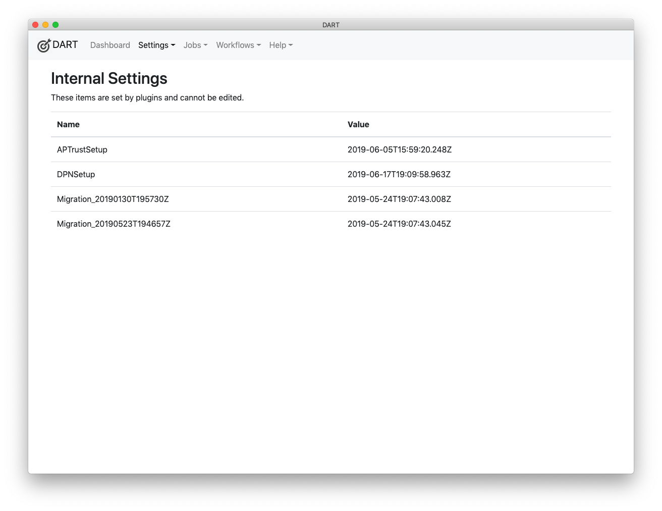 List of Internal Settings