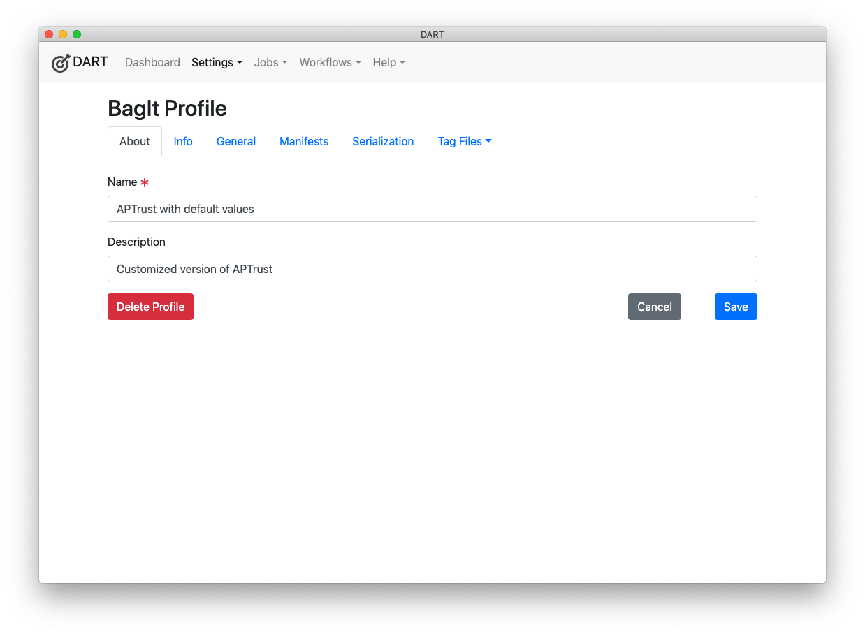 BagIt Profile About tab