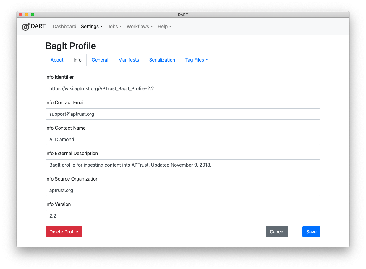 BagIt Profile Info tab