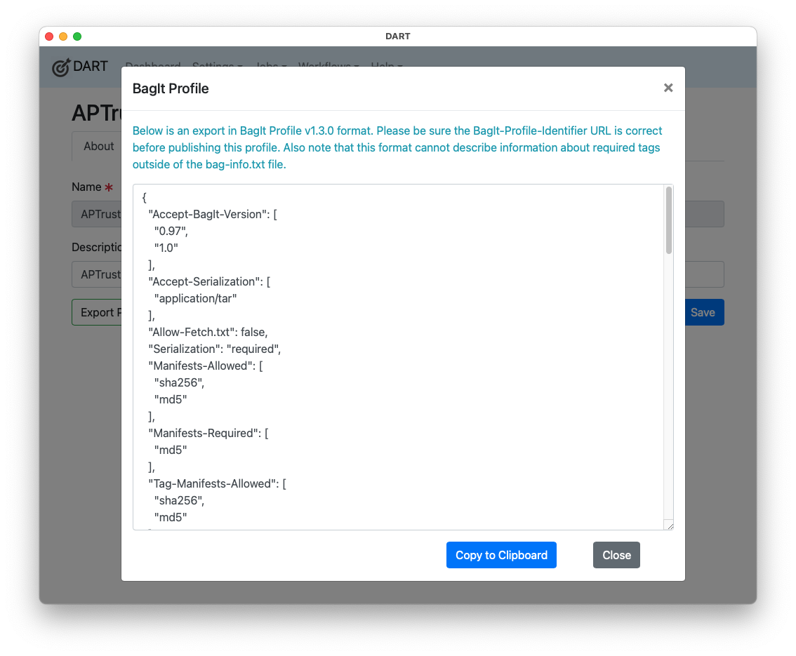 BagIt Profile export page