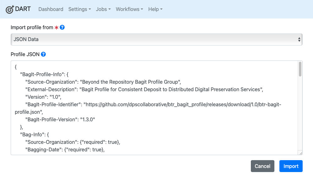 BagIt Profile import from JSON