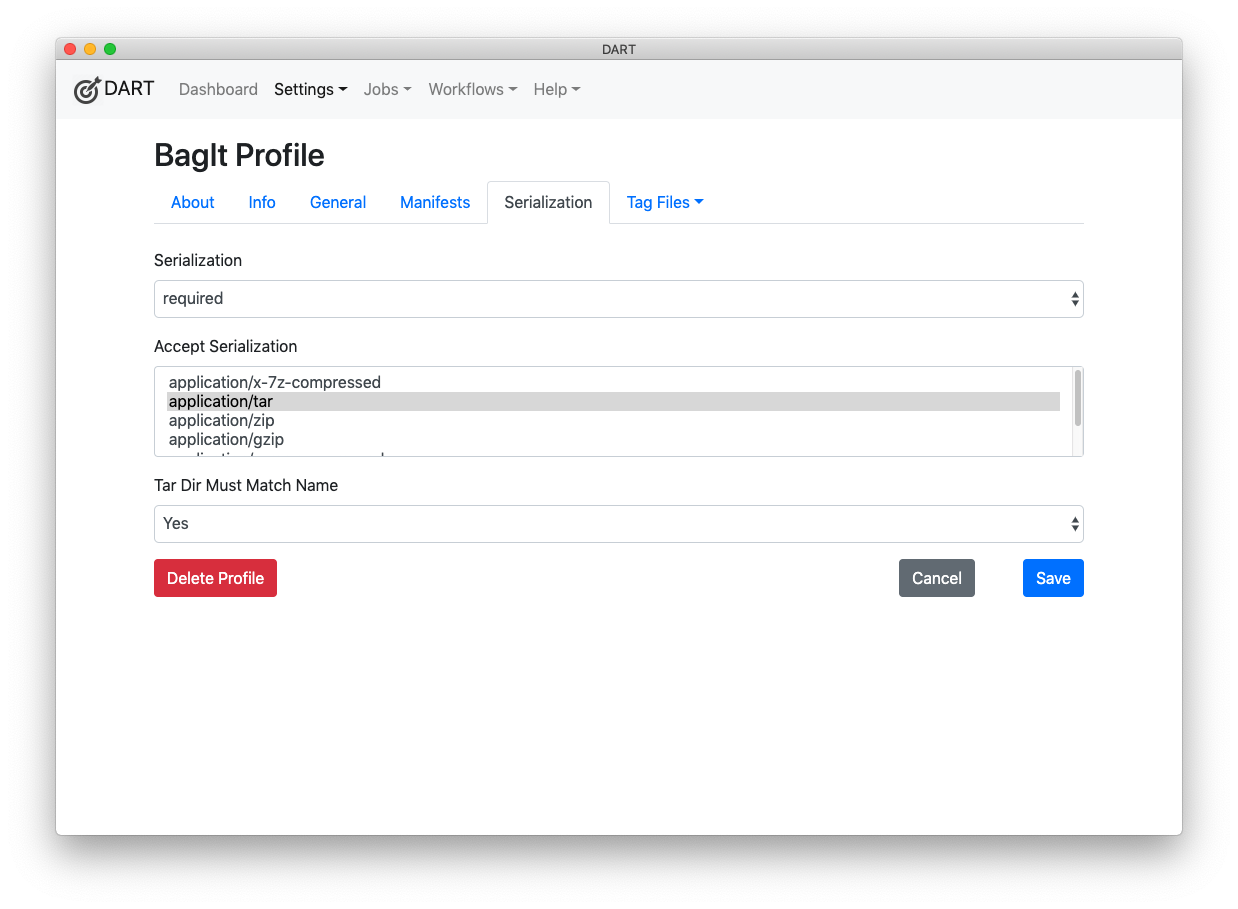 BagIt Profile Serialization tab