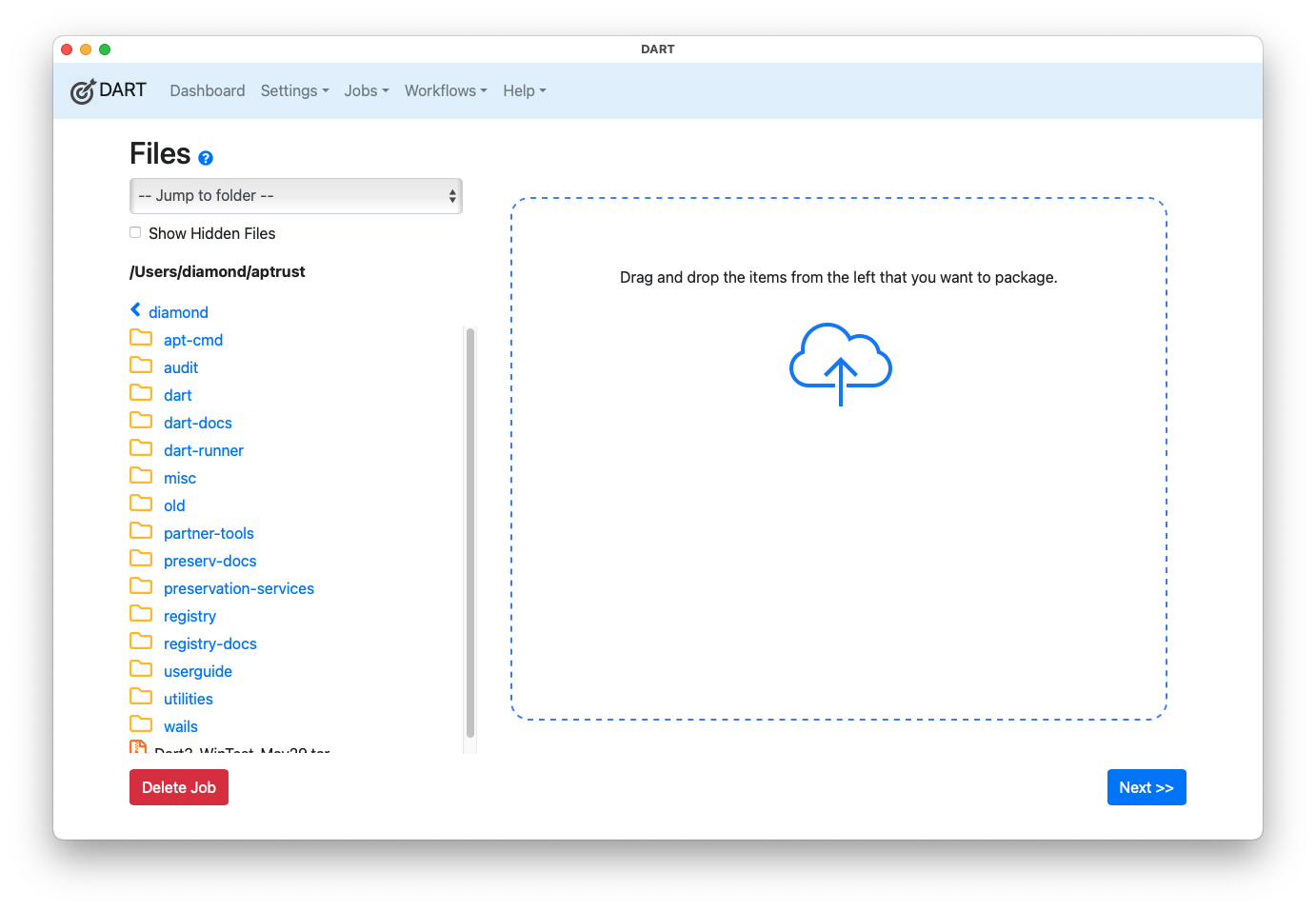 Files list showing open directory