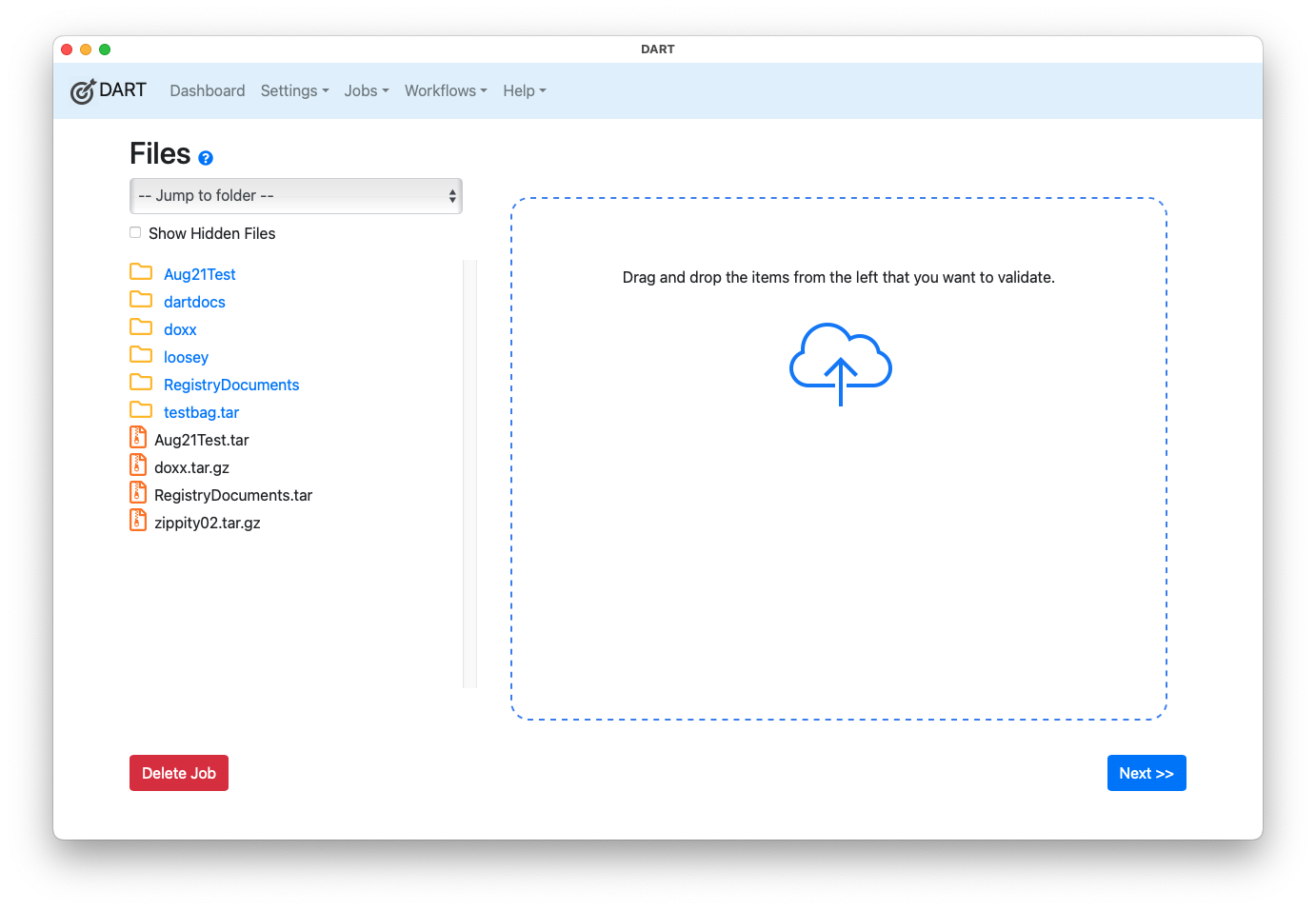Job validation with bagging directory
