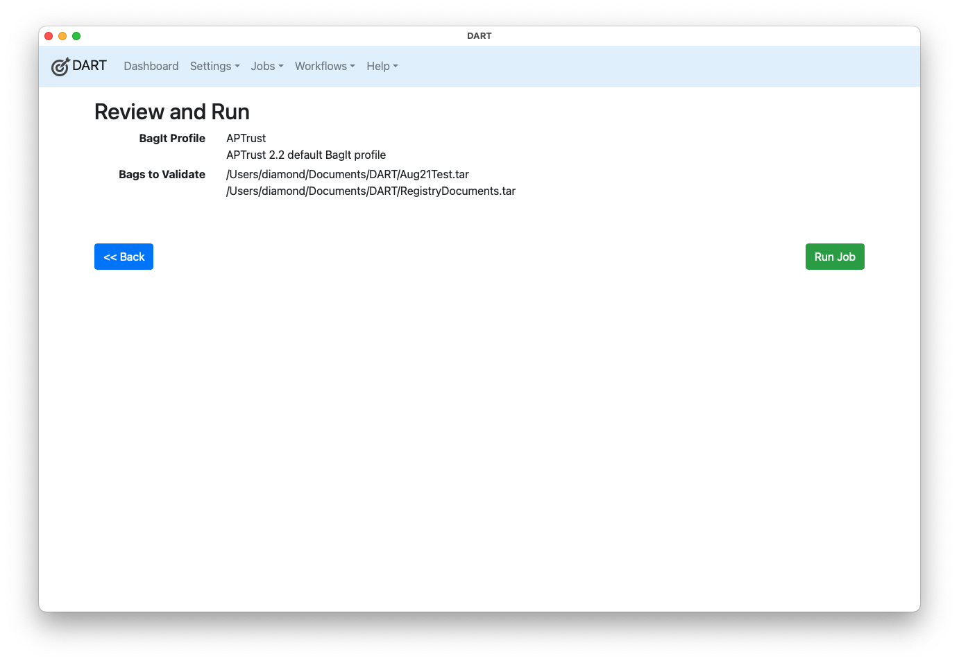 Validation run screen