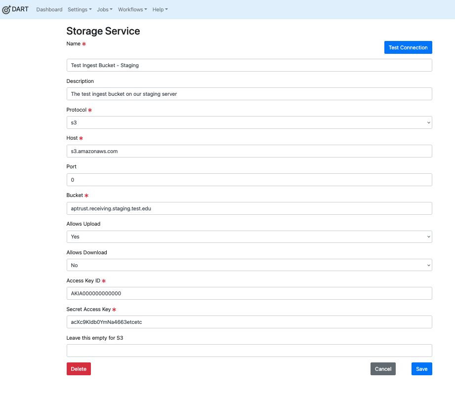 Sample S3 storage service configuration