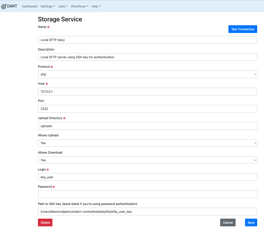 Sample SFTP storage service configuration with SSH key