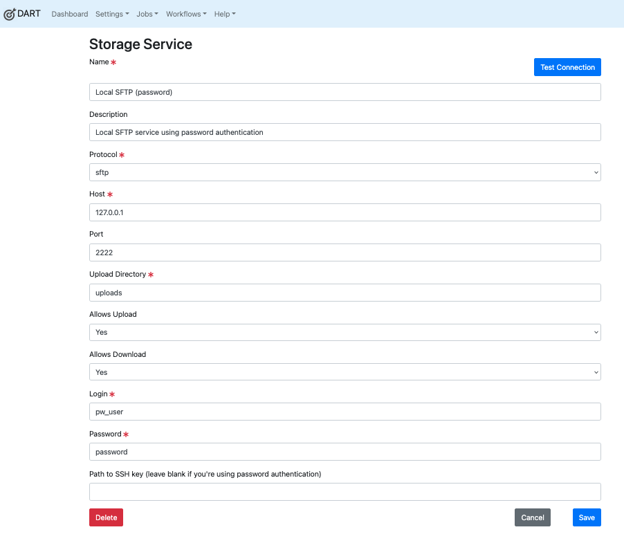 Sample SFTP storage service configuration with password